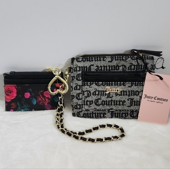 Juicy Culture Black Beige Floral Wristlet Credit Card Key Chain 2 Piece Set NWT - Picture 2 of 14